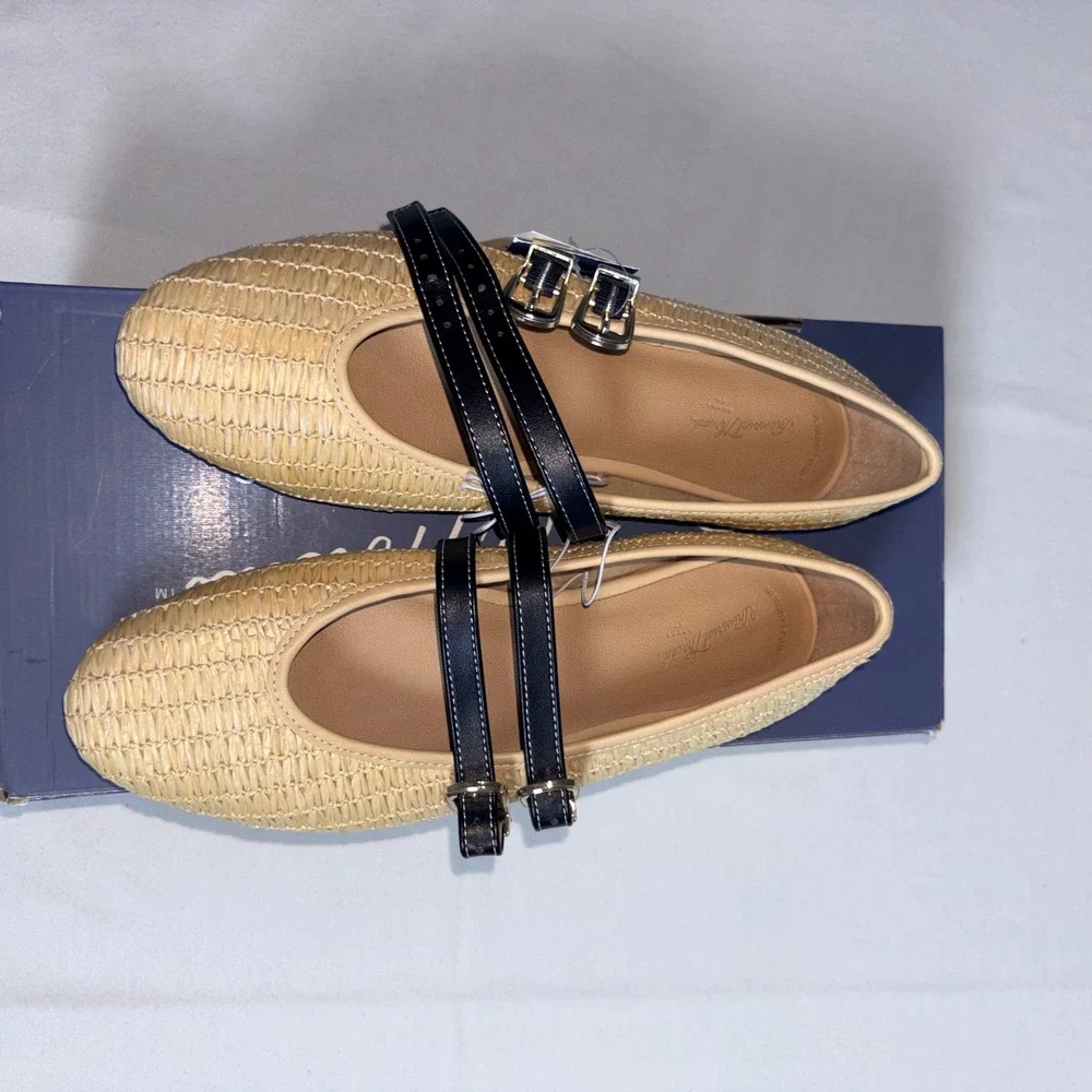 Universal Thread Henrietta Mary Jane 6.5 Tan New Woven Straw Double Buckle Flat